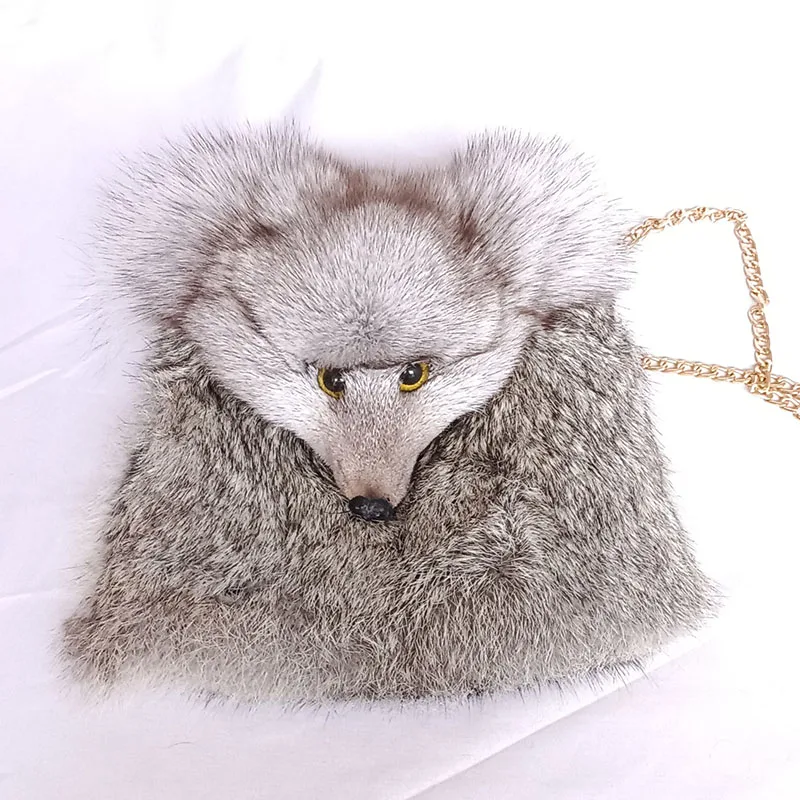 2022 New Chic Women Real Rabbit Fur  Shoulder Bag With Real Fox Fur Head Lovely Cross Chain  Female Genuine Fur Bag