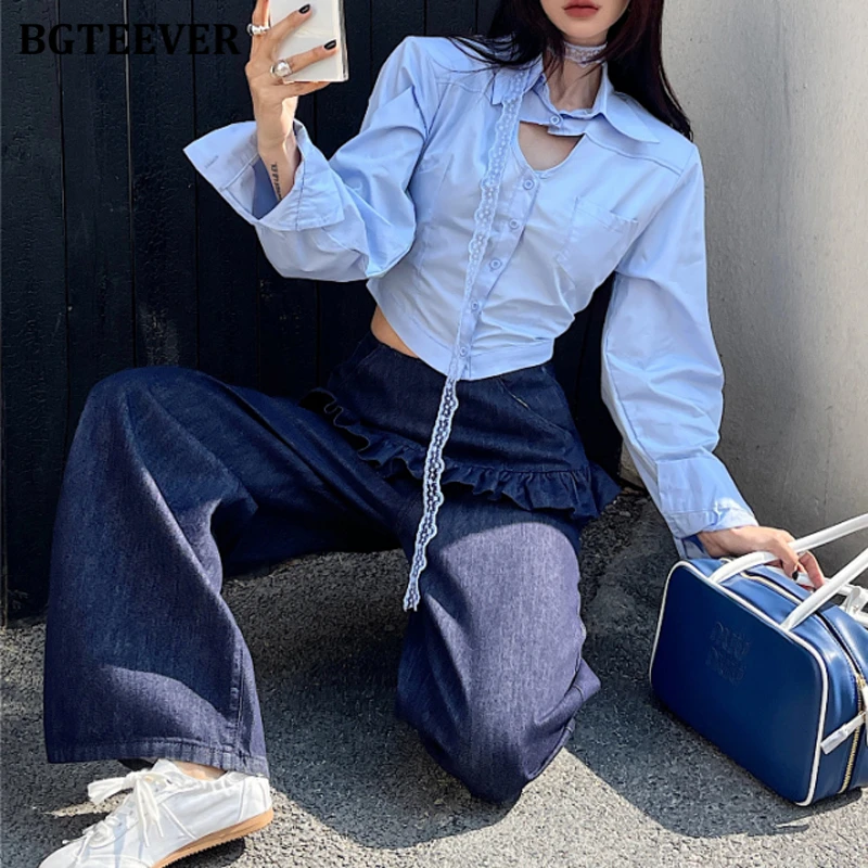 BGTEEVER Ruffles Hem Dark Blue Jeans for Women Fake two-piece Straight Denim Trousers Female