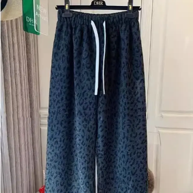 

American Sle plus Size Fce Lined Straight Leg Pants Men's Casual Wide Leg Trousers Autumn Winter Leopard Print