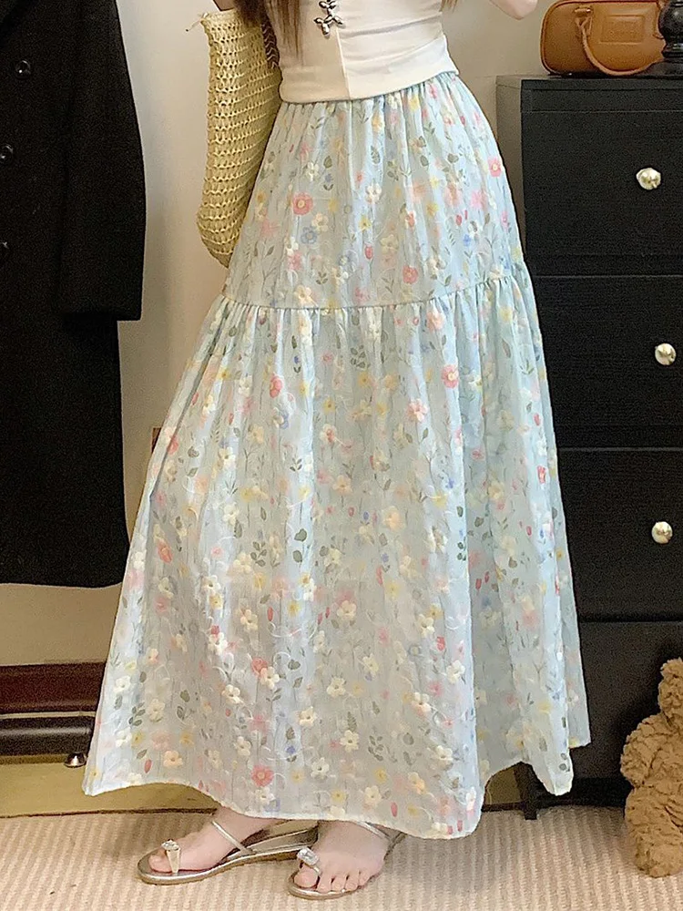 Floral Embroidery Long Skirt Women Loose High Waist Sweet Skirts Korean Summer Lady Casual Chic Cute Elegant Fashion Long Skirts