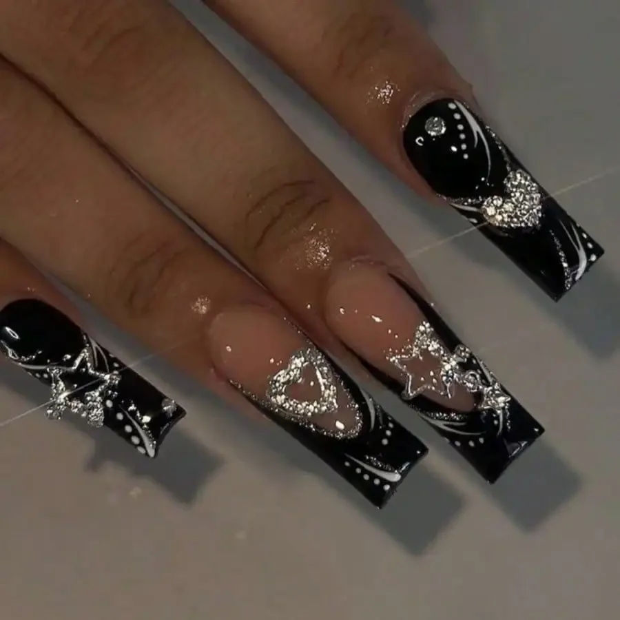 

24Pcs European American Cool Style Shiny Star Pendant Press On Nails, Alloy Decor Fake Nails For Women
