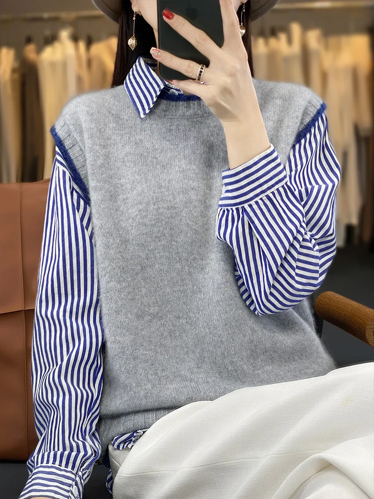 

Осень-зима 00, жилет из чистой шерсти, женская верхняя одежда, круглый лоскутный вязаный свободный свитер Ne Svel, теплый свободный свитер для поездок на работу