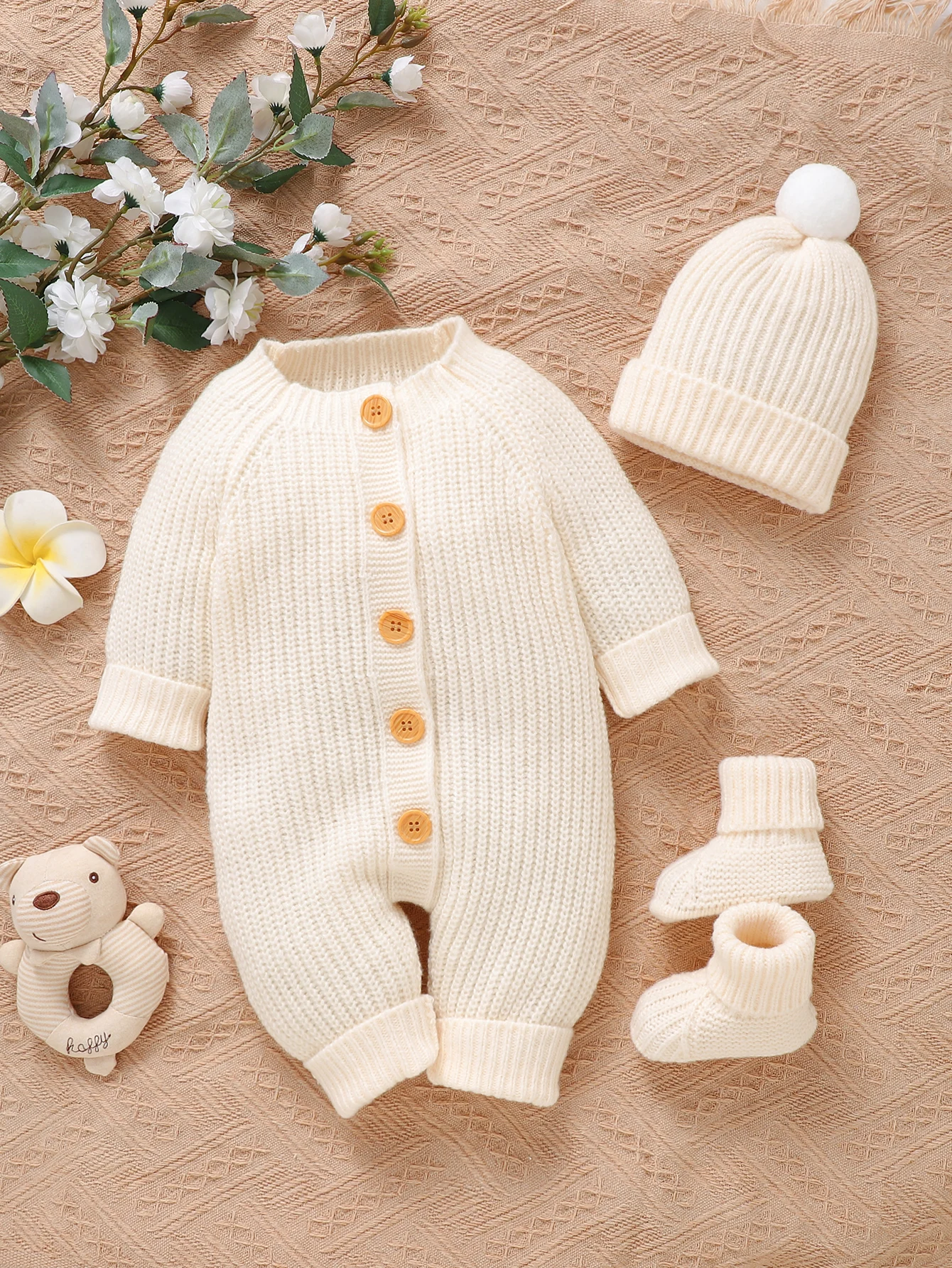 

0-9M Winter Baby Clothes Beige Long Sleeve Knitted Rompers+Hats+Shoes Newborn Boys Girls 3pcs Outfits Casual Outwear Outfits