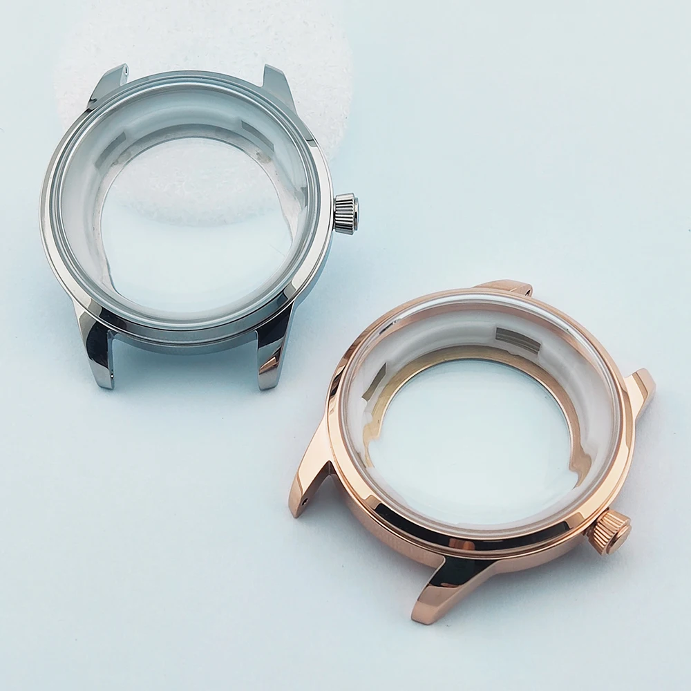 Cassa per orologio da cocktail da 40 mm Custodia nh35 senza logo Custodia in vetro minerale rosa/argento adatta al movimento automatico NH35/NH36/NH38 con quadrante da 35 mm