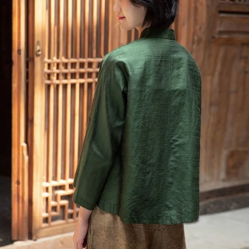 Dark Green Chinese Collar Long Sleeves Ethnic Style Shirt Women Cheongsam Top Tang Suit Vintage Femme Traditional China Blouse