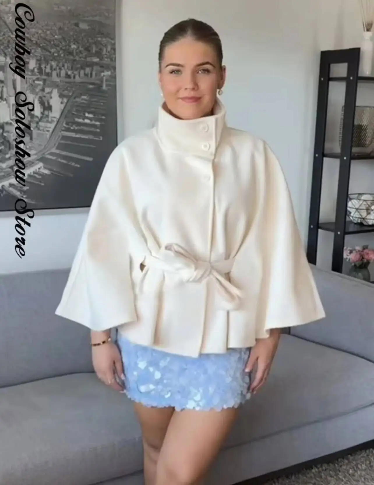 معطف نسائي فضفاض بياقة واقفة مع حزام #6