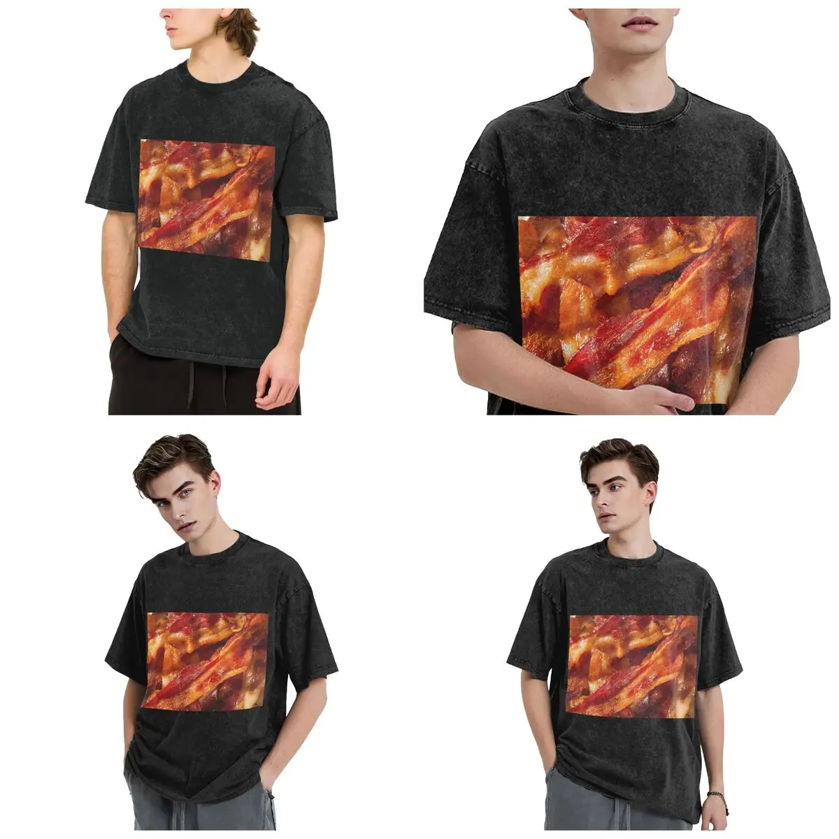 Crispy Bacon Texture Meat Lovers Hip Hop Short Sleeve T-Shirts Washed Tops Tees Streetwear T Shirt Printed for Men Women