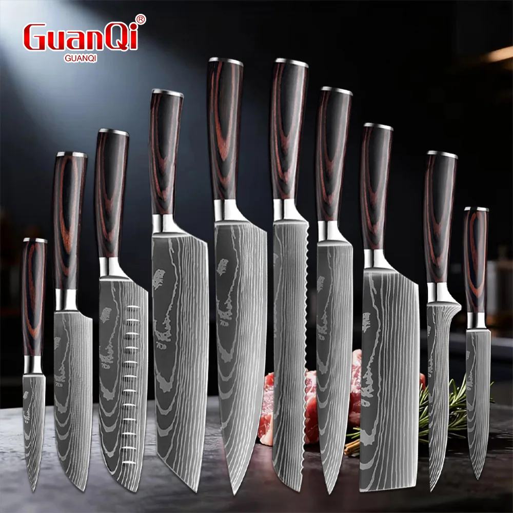 Laser-Damaszener Japanisches Santoku-Messer mit Holzgriff, Profi-Kochmesser, Küchenmesser, Ausbeinmesser, Fleischmesser, Brotmesser, Steakmesser