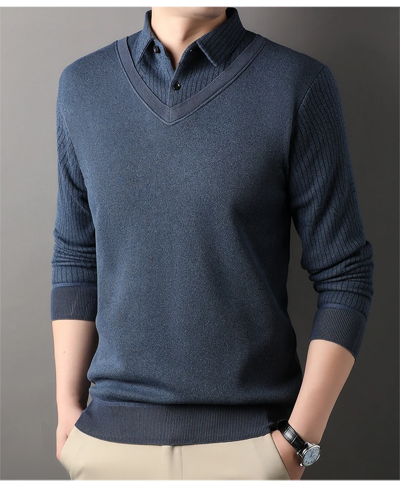 Herren Plaid Pullover Fleece Pullover Slim Fit Elegante Luxus Marke Gefälschte Zwei Stücke Gestrickte Pullover – Detail 19