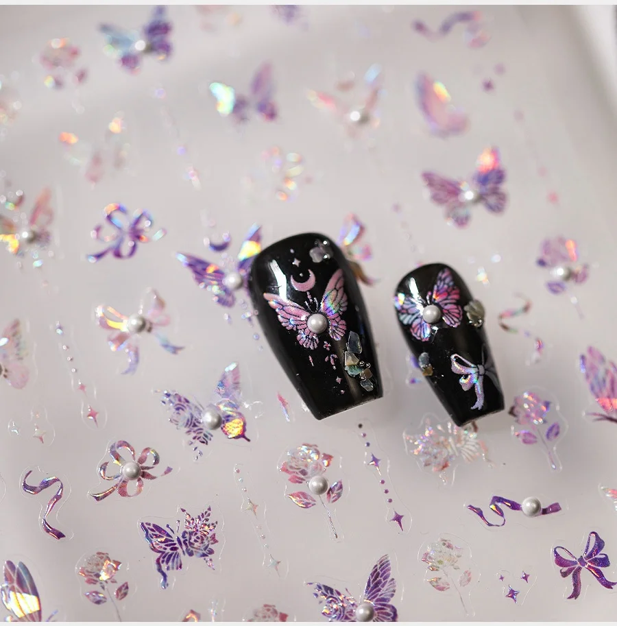 ملصق أظافر فراشات ذاتي اللصق ، ملصق فني ، قوس وردي ، قمر ، تصميم ضوء النجوم ، رائع ، أرجواني ، وردي ، جودة عالية ، 5D ، 1