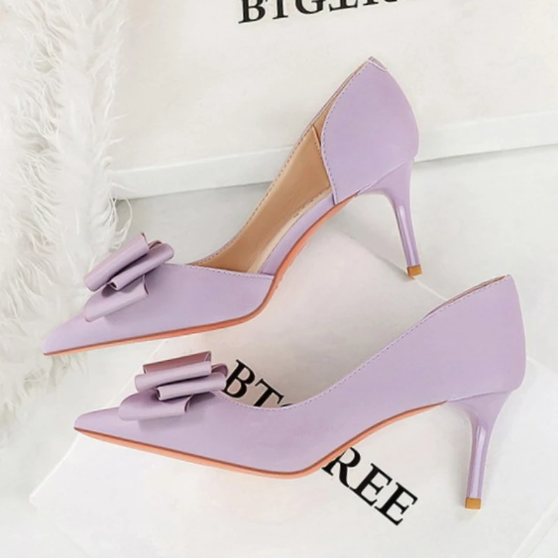 Large Size 43 Women Pumps Stilettos 7 Cm Heels Women Shoes Silks Satins Kitten High Heels Three Layer Bowknot Design Women Heels