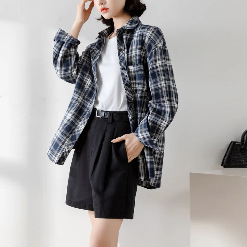 Kara check long sleeve Southern women autumn vintage casual thin shirt coat BL1513