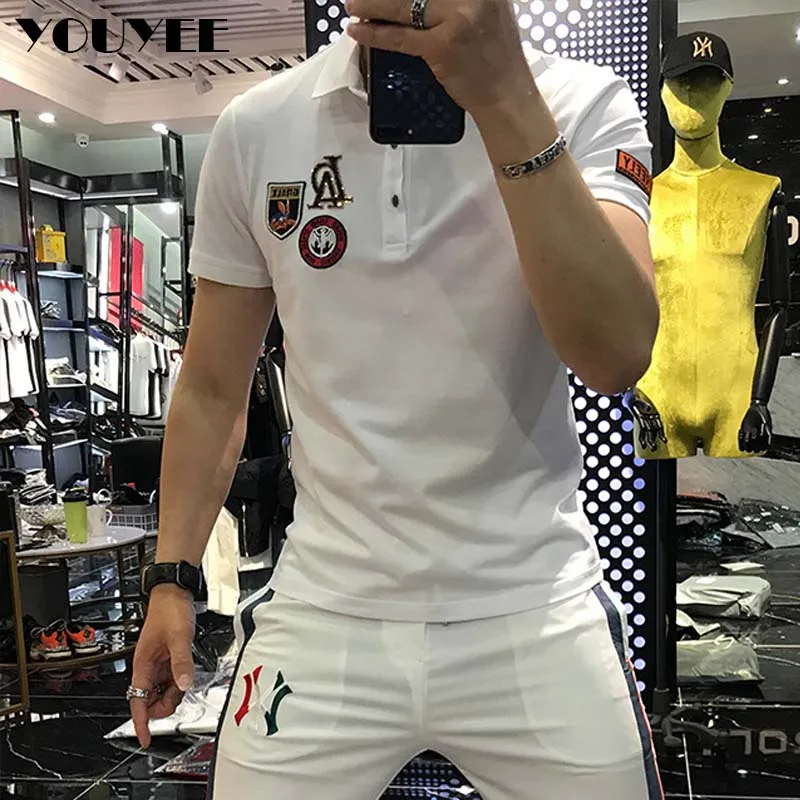 Men’s Polo Shirt Lapel Fashion Logo Letter Sequins Embroidery Short Sleeve Personality T-shirt 2023 Summer New Male Tees Clothes