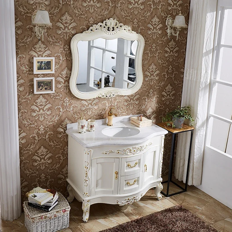 European Style Bathroom Cabinet Combination Of Red Oak Washing The Face Wash Basin Cabinet Solid Wood Floor Toilet Marble Platfo