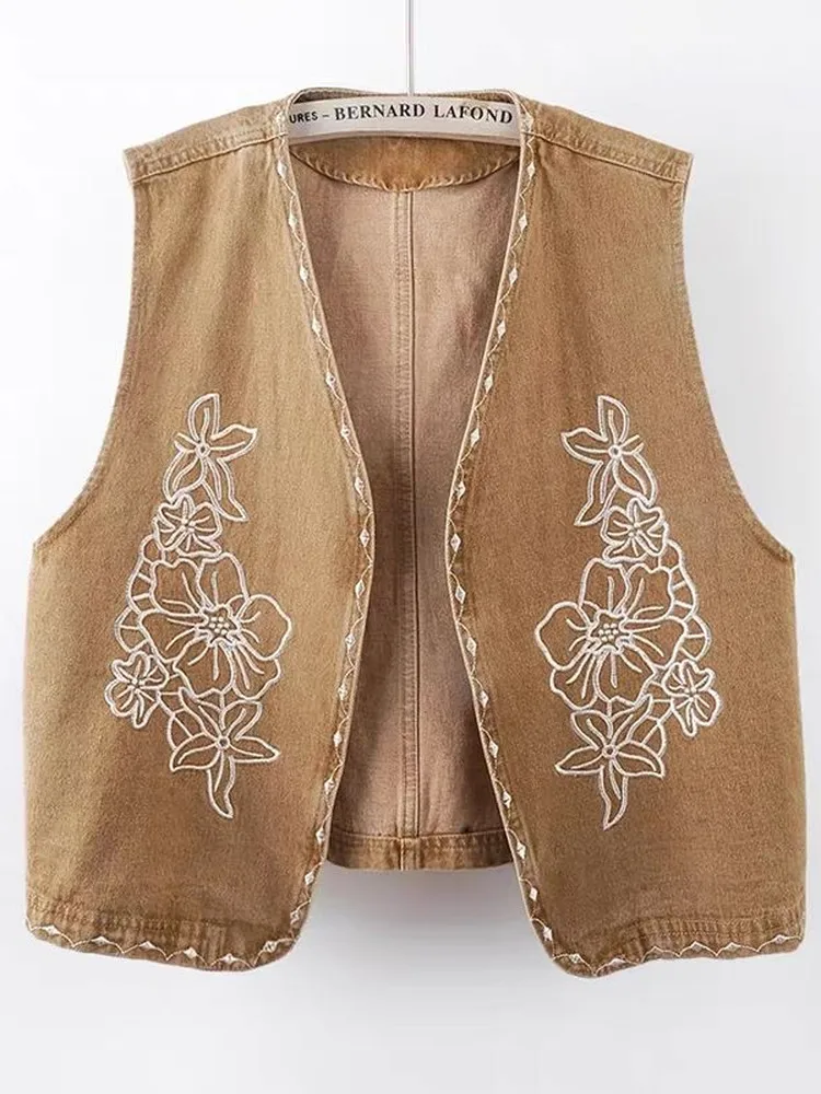 

Fashionable Embroidered V-Neck Denim Vest Short Outerwear Women's Spring Autumn Stylish Trendy Shoulder Pad Jacket City Walk