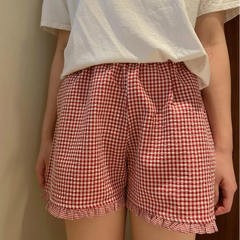 Women Ruffle Hem Lounge Shorts Summer Casual Elastic Waist Plaid/Striped Print Loose Pajama Sleep Bottoms Going Out Short Pants