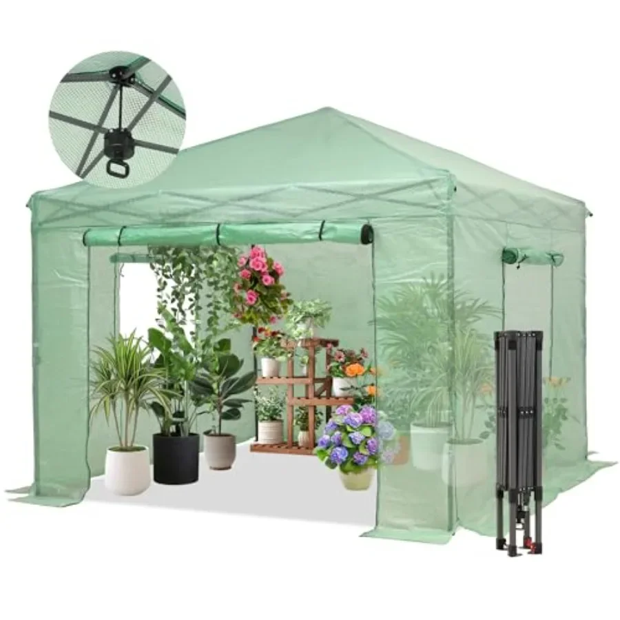 10X10FT Instant Pop-up Greenhouse, Walk-in Plant Gardening Green House with PE Cover/Roll-Up Zipper Doors/Side Windows for Indo