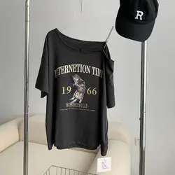 Vintage Letter Off Shoulder Tops Tees Summer New Short Sleeve Loose Plus Size Solid Casual T Shirts Fashion Trend Women Clothing