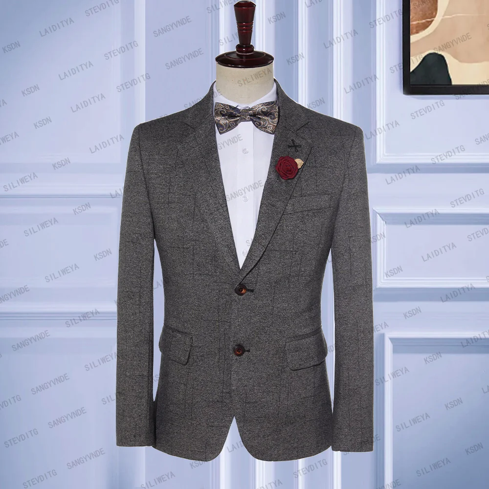 

2023 New Arrival Fashion Boutique Casual Business Men Suit Dark Grey Plaid Groom Wedding Formal Social Jacket Blazers Coat