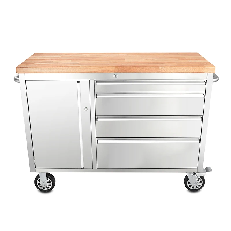

Stainless steel wooden workbench with wheels Metal tool cabinet workbench with 4 drawers