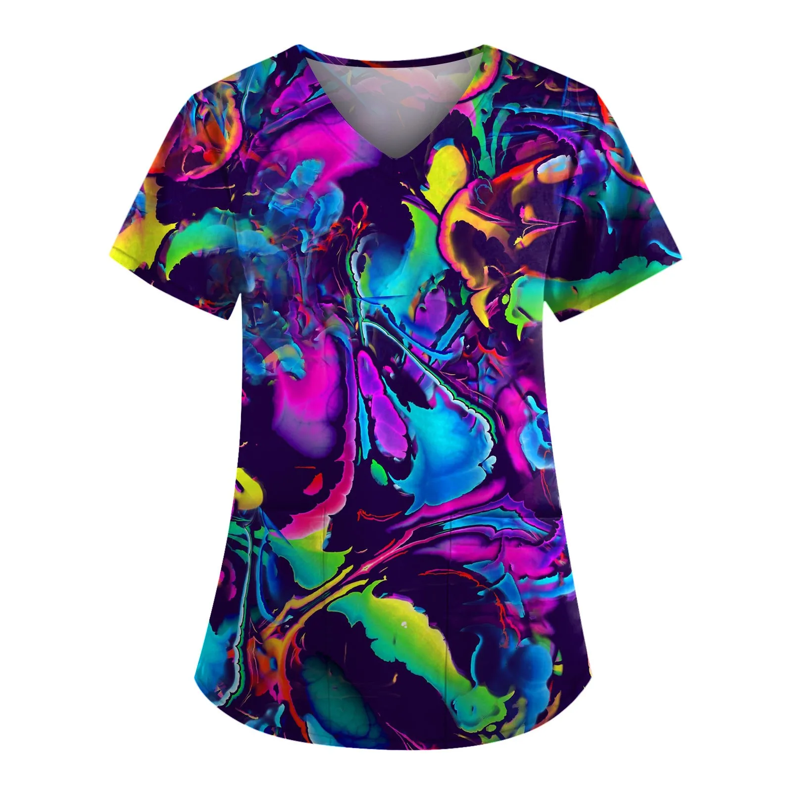 Camisetas para mulher camisa abstrata topo tie-dye roupas enfermeira uniforme topos pintado padrão camiseta osso t-shirts galáxia bolso t