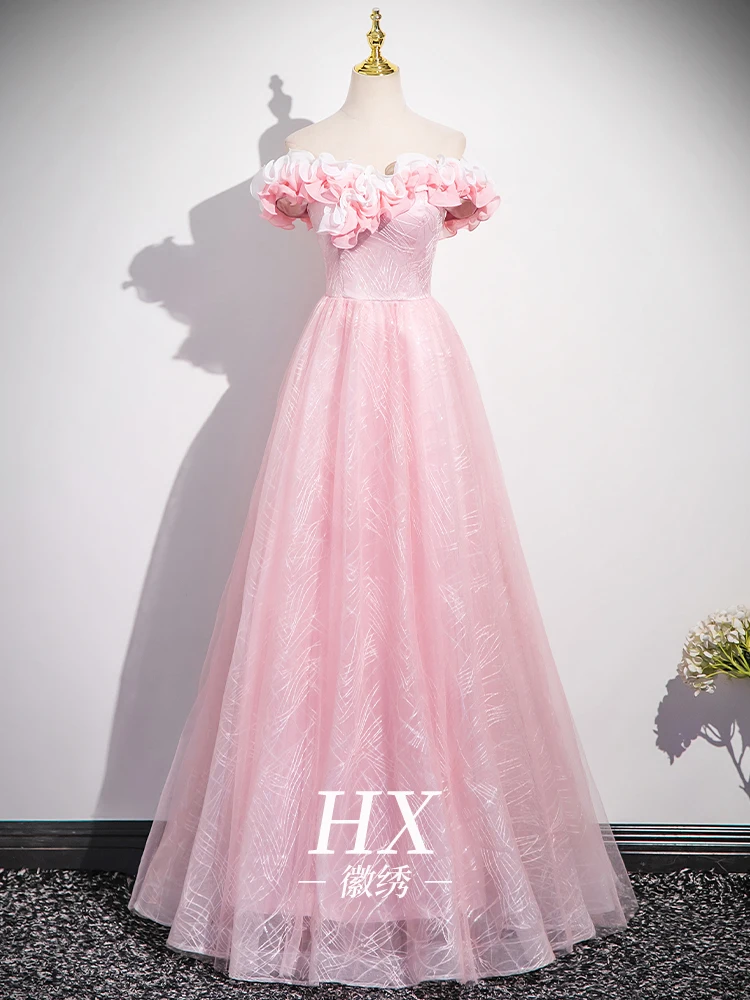 

Pink One-oulder Evening Gown High Waist Puffy Skirt Sle Korean Version Adult Ceremony Performance Dr for aduates