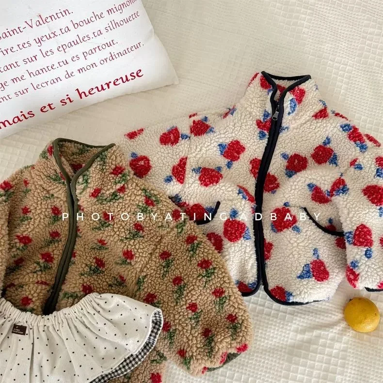 

Детское пальто из овечьей шерсти для маленьких девочек, жаккардовое утепленное пальто с воротником-стойкой и цветочным узором для маленьких девочек, зимнее пальто на молнии для маленьких девочек