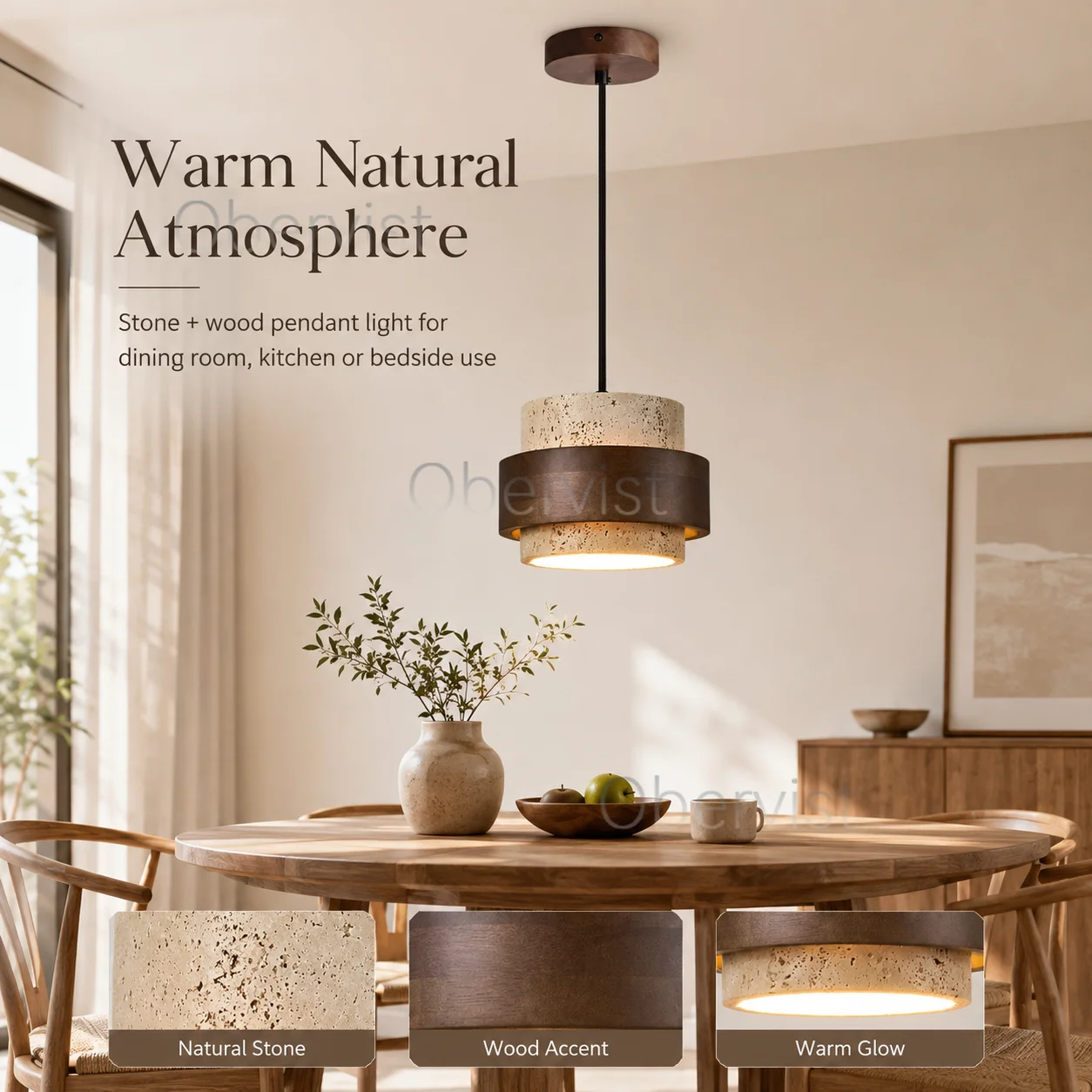 Textured Stone Pendant Light with Wood Accent, Adjustable E27 Hanging Lamp for Dining Room, Bedroom and Bar