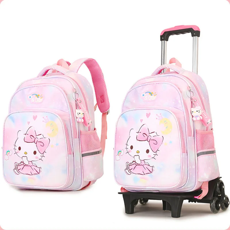 Kawaii Hello Kittys Trolley School Bag Anime Sanrios Student Kuromi Backpack with Wheels High Capacity Kids School Supplies Gift