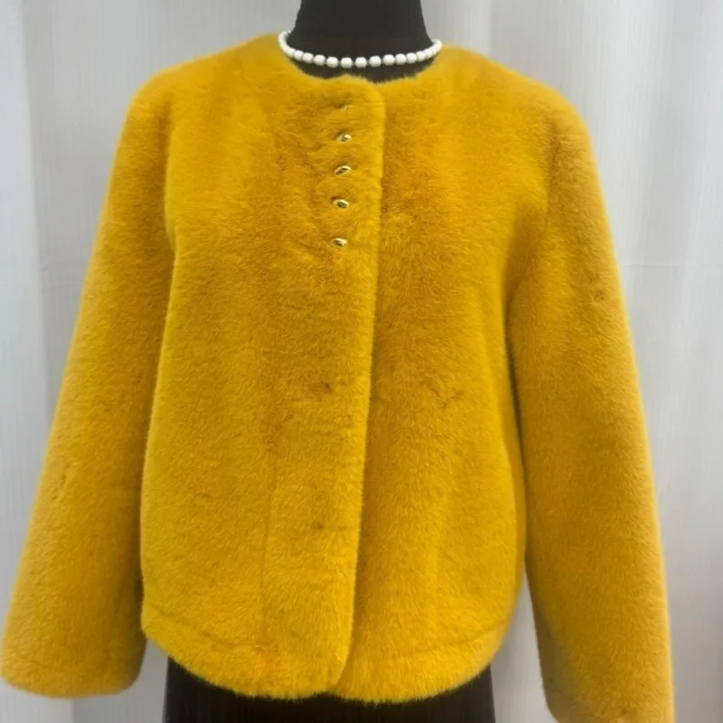 Autumn Winter Female Faux Mink Imitation Fur Coat 2026 Casual Round Neck Single Breasted Ladies Long Sleeve Warm Plush Outerwear