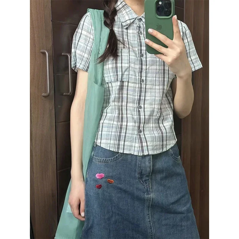 Vintage Cropped Plaid Shirts Women Y2K Japanese Pocket Short Sleeve Blouses Summer Harajuku Korean Slim All Match Chic Tops New