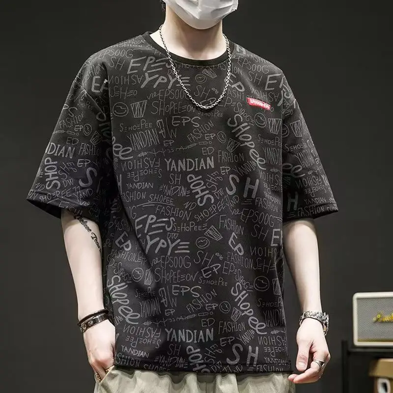 

Japan Style Vintage Letter Pullovers Men's Clothing Stylish Patch Designs Summer Round Neck Casual Printed Short Sleeve T-shirts
