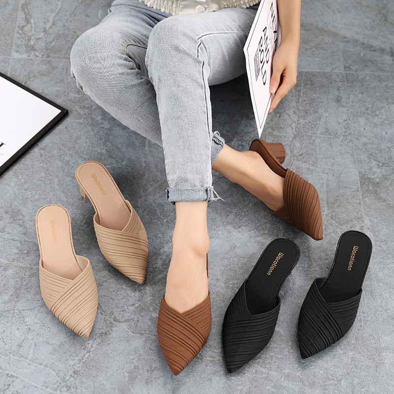 Women\'s Spring Summer PVC Fashion Half Slippers New Coarse Heels To Wear Slippers Pointed Casual Single Shoes