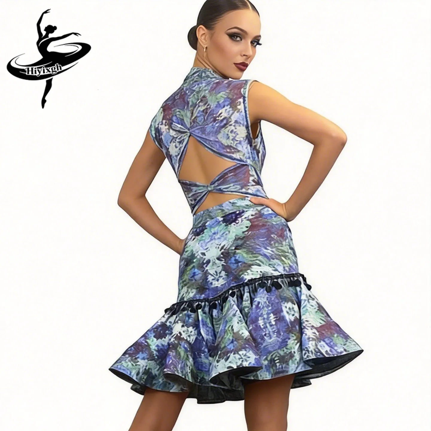 

2026 Women's Adults Latin Dance Costumes Practice Clothes Fishbone Print Skirt Chacha Rumba Tango Dance Female Wearing