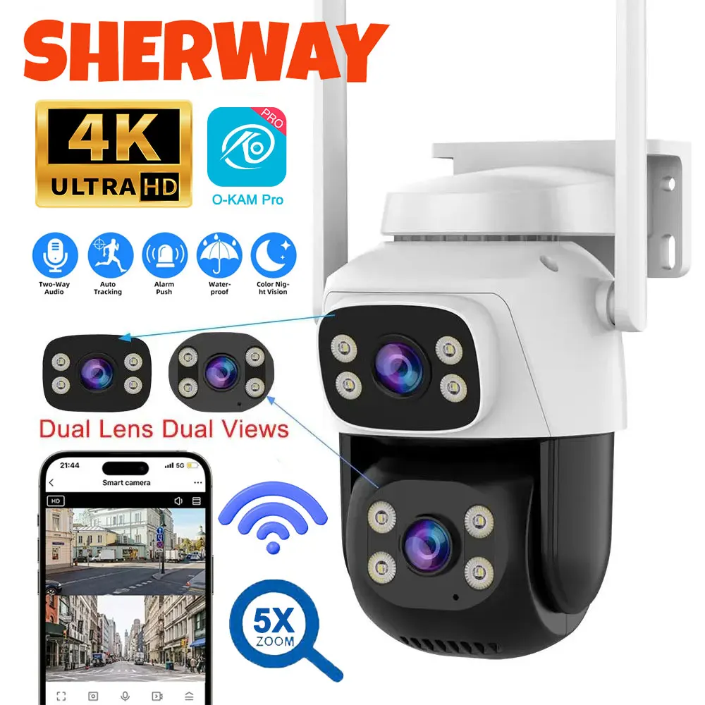 4K 8MP Wifi Dual Lens Camera PTZ Outdoor 5X Digital Zoom Dual Screen Human Detection Dual Lenses Security IP Cameras O-Kam Pro