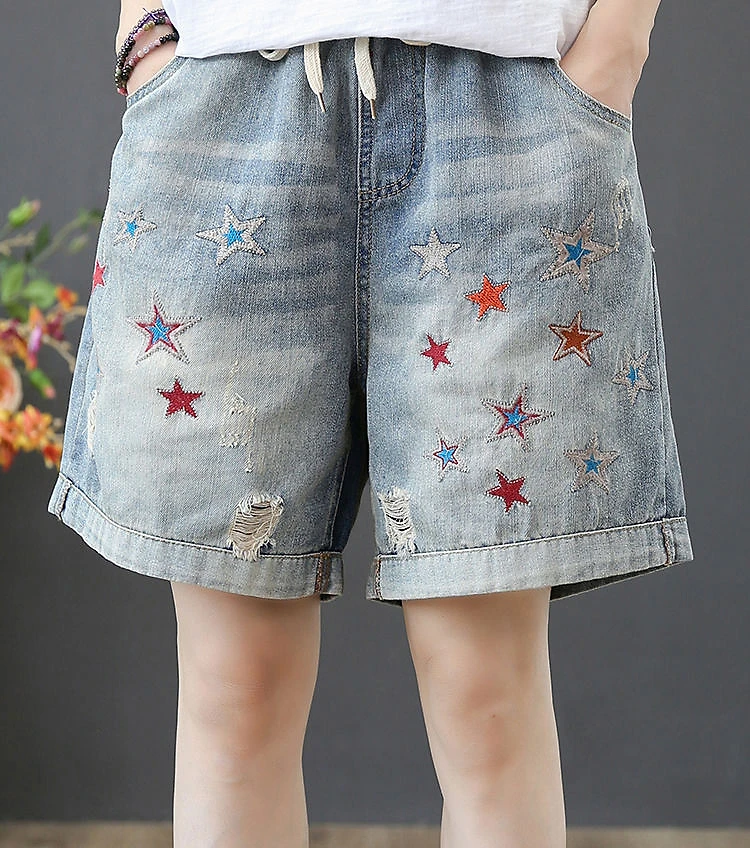

Летние американские новые эластичные короткие джинсы с высокой талией и вышивкой, женская верхняя одежда, прямые широкие джинсовые шорты с рваными дырками