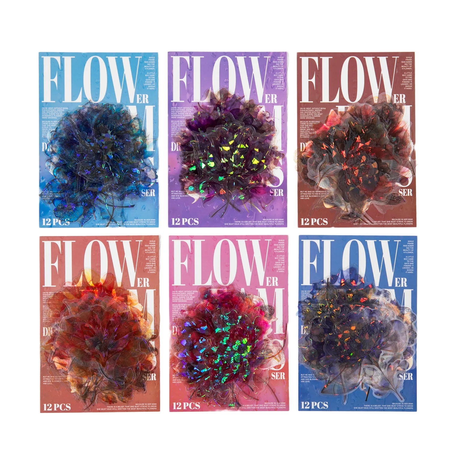 1Pack/2pack Flower Dream Series PET Sticker Pack 12 Sheets 6 Designs Floral Theme Scrapbook Decoration Material Sticker Set