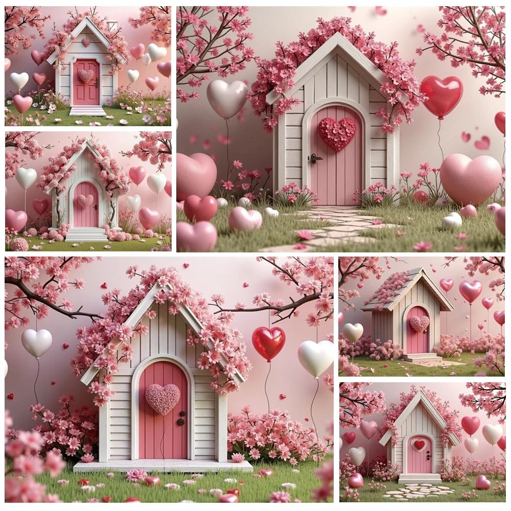 

MOON.QG Valentine's Day Cottage Heart Balloons Pink Floral Background Backdrop Lover Poster Photography Wallpaper Decoration