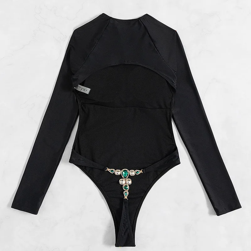 Rhinestones Diamond Bikini Long Sleeve One Piece Swimsuit Women Swimwear Female High Cut Monokini Bather Bathing Suit Swim Thong