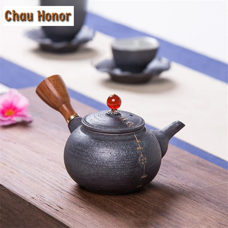 220ml Handmade Coarse Ceramic Side Handled Teapot Retro Outline In Gold Kiln Fambe Tea Maker Pu'er Tea Master Pot Gift Packaging