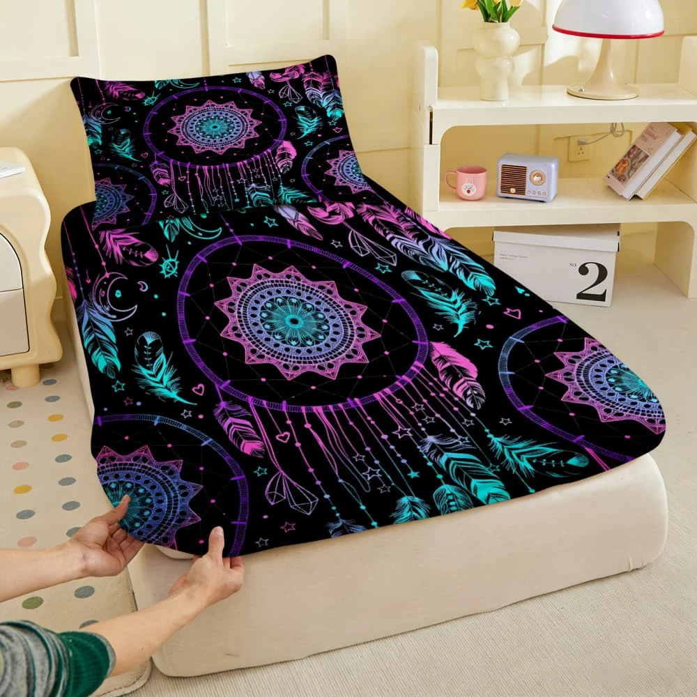 1pc Vibrant Purple Teal Dreamcatcher Print Fitted Sheet Deep Pocket Elastic Mattres Cover Single Double Queen King Bedroom Decor