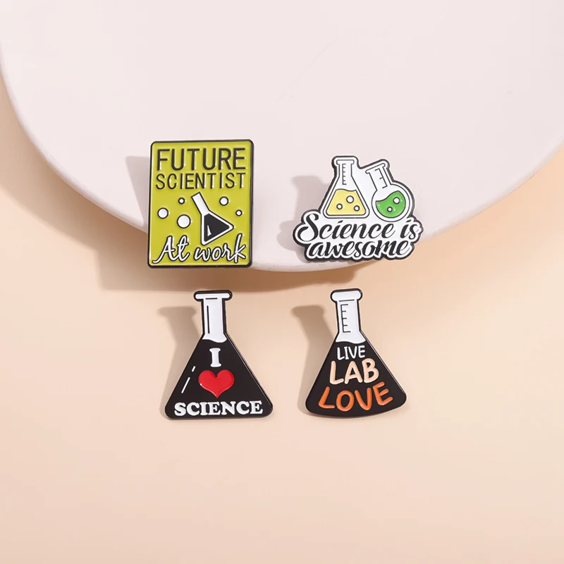 I Love Science Enamel Pins Future Scientist At Work Lab Chemical Instruments Flasks Brooch Lapel Badge Jewelry Gifts For Friends