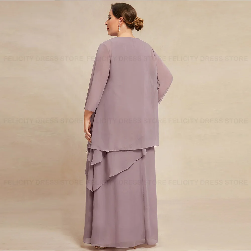 Simple Plus Size Two Piece Mother of the Bride Dresses 2023 A-line Scoop Floor-Length Chiffon Beadings Wedding Party Dresses