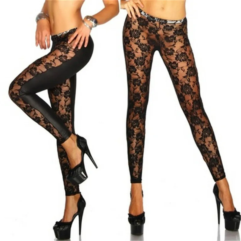 New Womens Sweet Black Rose Vine Sheer Stretchy Floral Lace Leggings Tight Pencil Pants