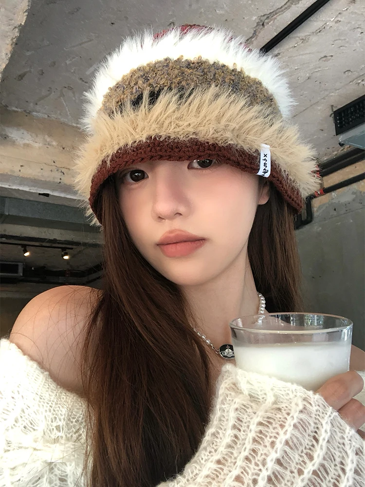 Handmade Knitted Fisherman Hat Women's Autumn Winter Warm Stylish Small Face Effect Plush Yarn Casual Style round Top Cap