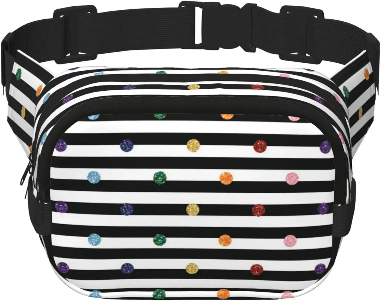 

Rainbow Polka Dot Stripe Black And White Print Unisex Square Double Layer Waist Bag Crossbody Fanny Pack Travel Accessory