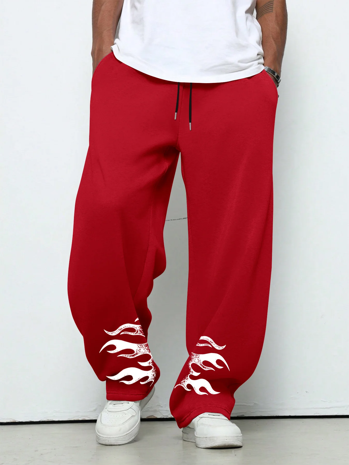 Men's Flame Print Straight‑Leg Pants, Skateboard Streetwear Casual Sports Straight Sweatpants Drawstring Trousers S‑3XL