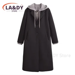 Trench Coat Women 2024 New Autumn Winter Fashion Loose Single Breasted Hooded Coat Female Solid Long Sleeves Outerwear