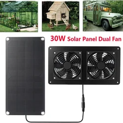 30W Solar Exhaust Fan Air Extractor Ventilator 12V Solar Panel Powered Dual Fans for Dog Chicken Pet House Greenhouse RV Outdoor