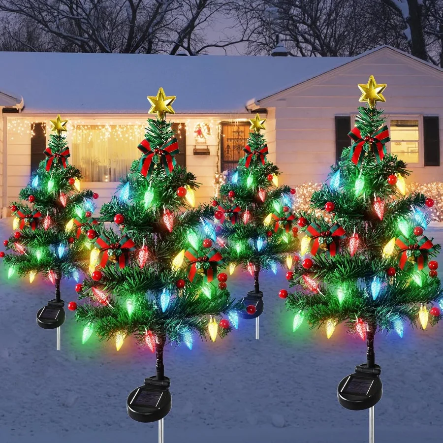 Arbre de Noël solaire à l'extérieur, paquet de 4 arbres de Noël solaires étanches avec 80 lumières LED, 2 Modes de clignotement, décorations de Noël solaires